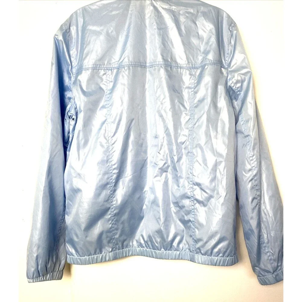 Perry Ellis Hooded Jacket Rain Coat Womens Size M Blue Pastel Full Zip Pockets